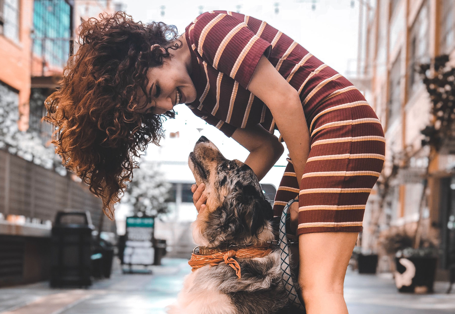 Woman in striped dress looking down at Australian shepherd dog in urban setting